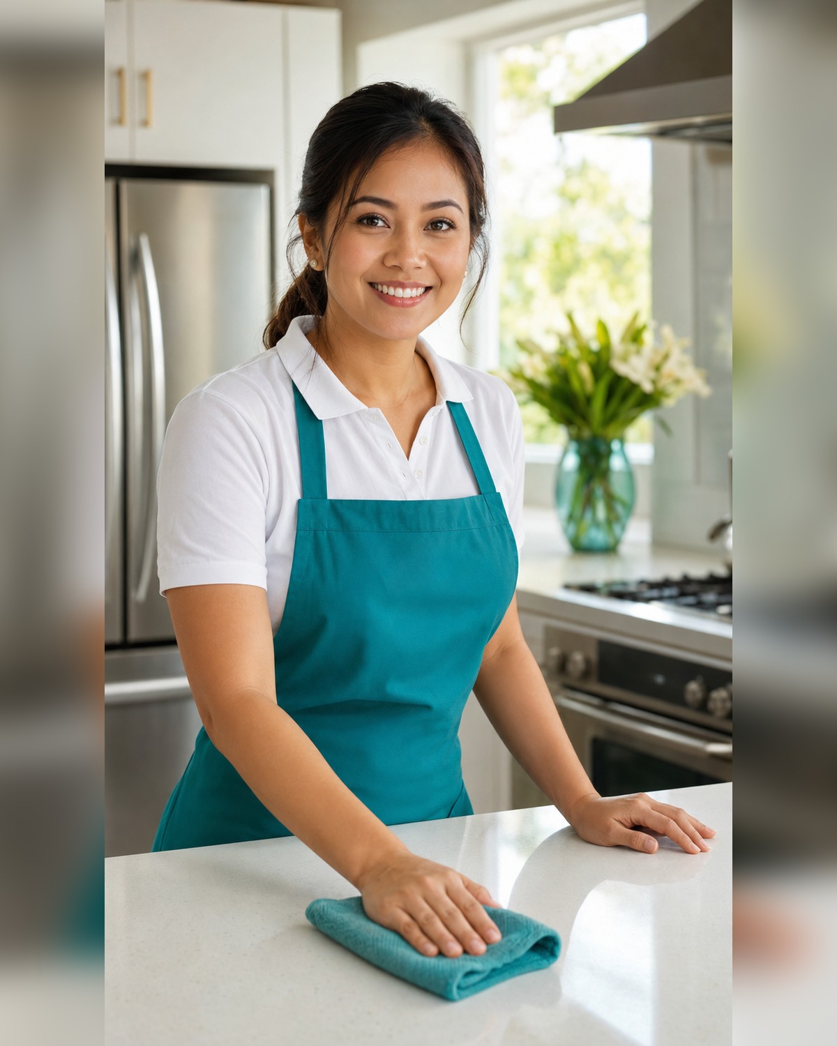Arcelyn, professional cleaner, detailing a bright modern kitchen
